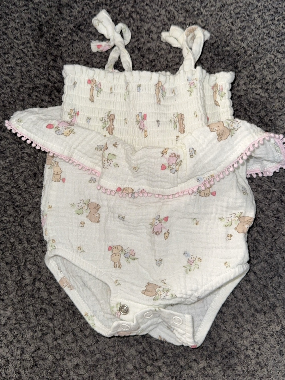 Baby Girls White Bear Print Ruffle Romper with Pink Trim